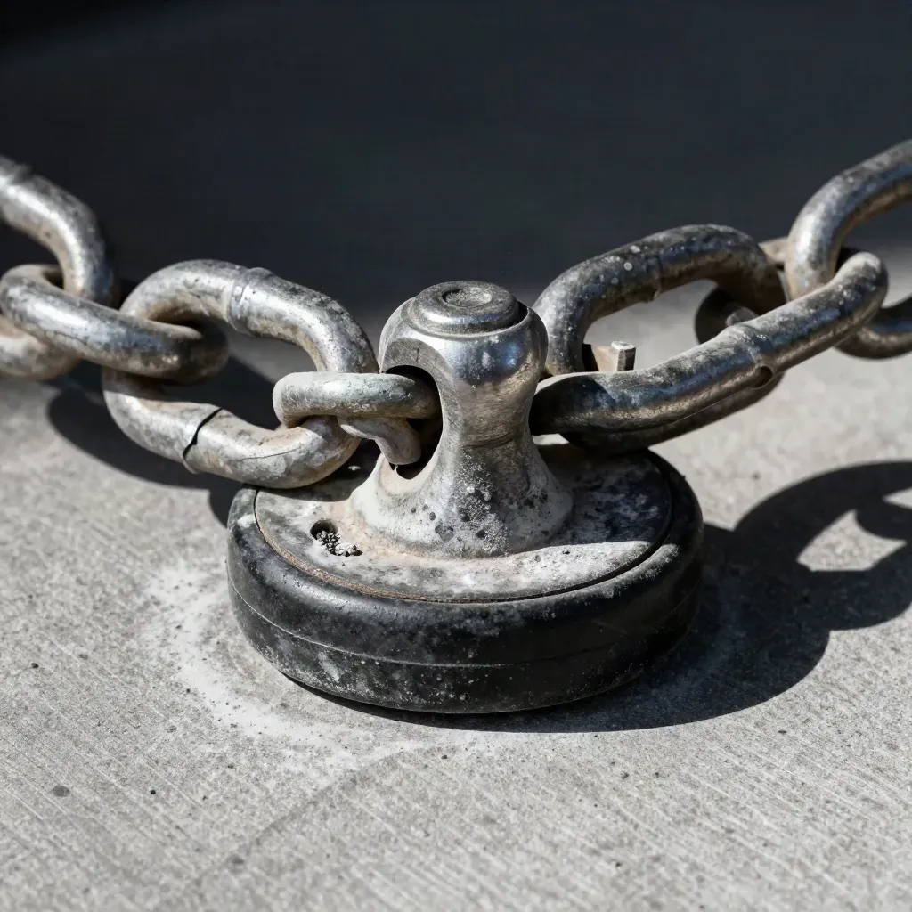 Steel dock chain, wheel chock and tensioner on brushed concrete in dramatic macro light.