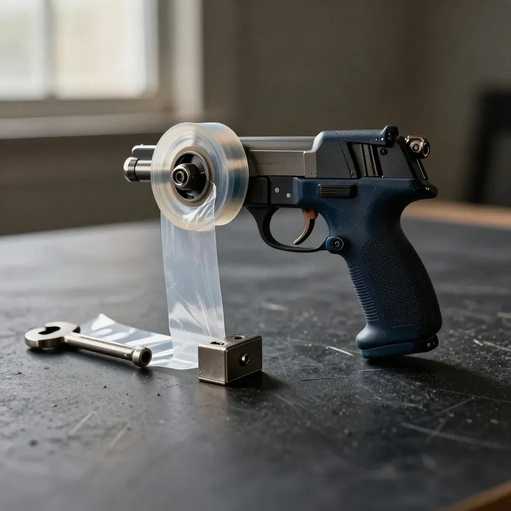 Macro parcel tape gun, stretch-wrap curl and steel strap clip on dark board with dusty warehouse light