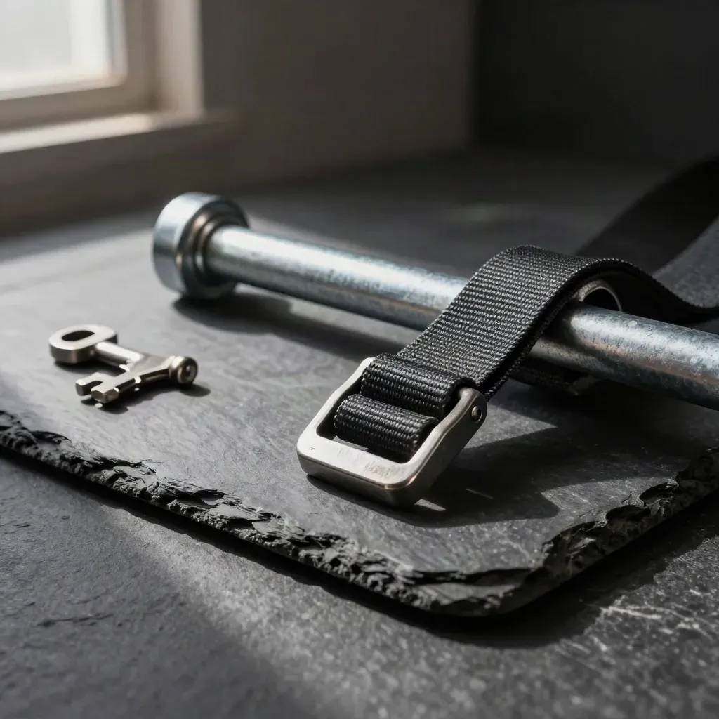 Ratchet strap hardware, load bar end and corner protector on stone, lit dramatically.