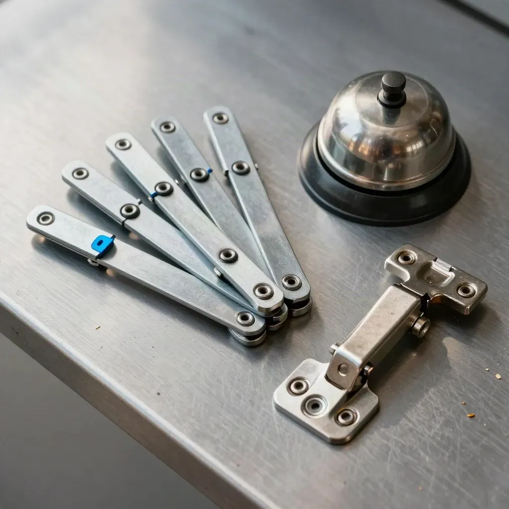 Top-down bus latch service kit with bell pull and hinge plate on brushed metal.