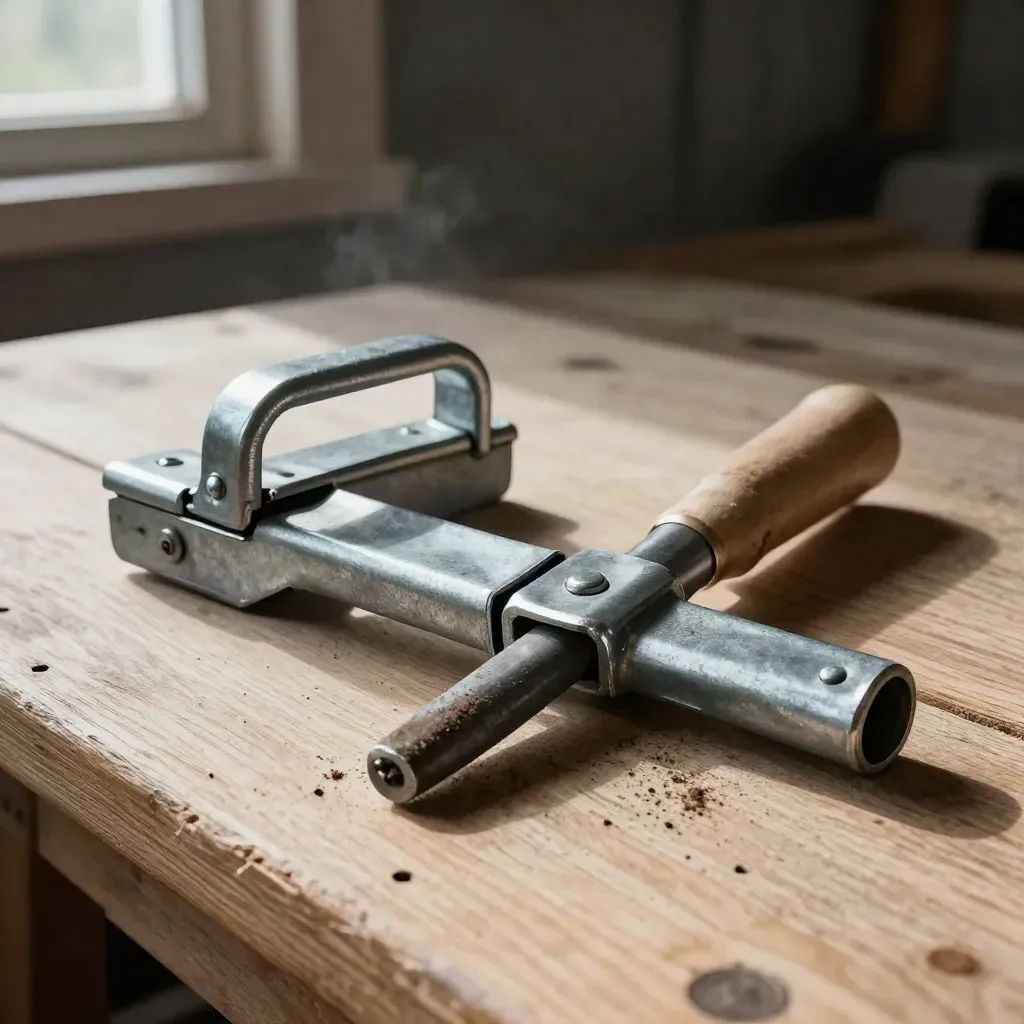 Open gate latch, fence hinge and soil probe on pale wood with dust and dramatic light.