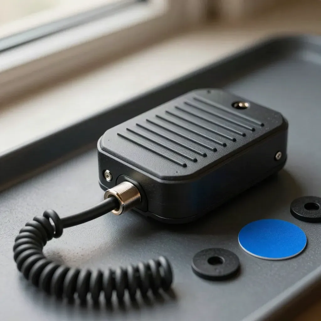 Magnetic GPS antenna puck beside a fleet tracker module on a graphite surface