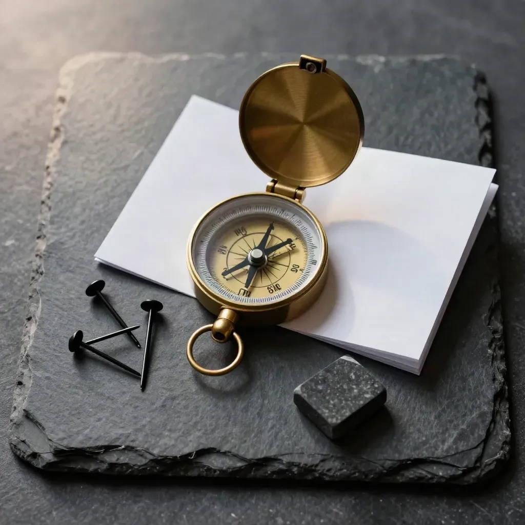 Brass compass, blank route sleeve, and black pins on slate stone, top-down macro