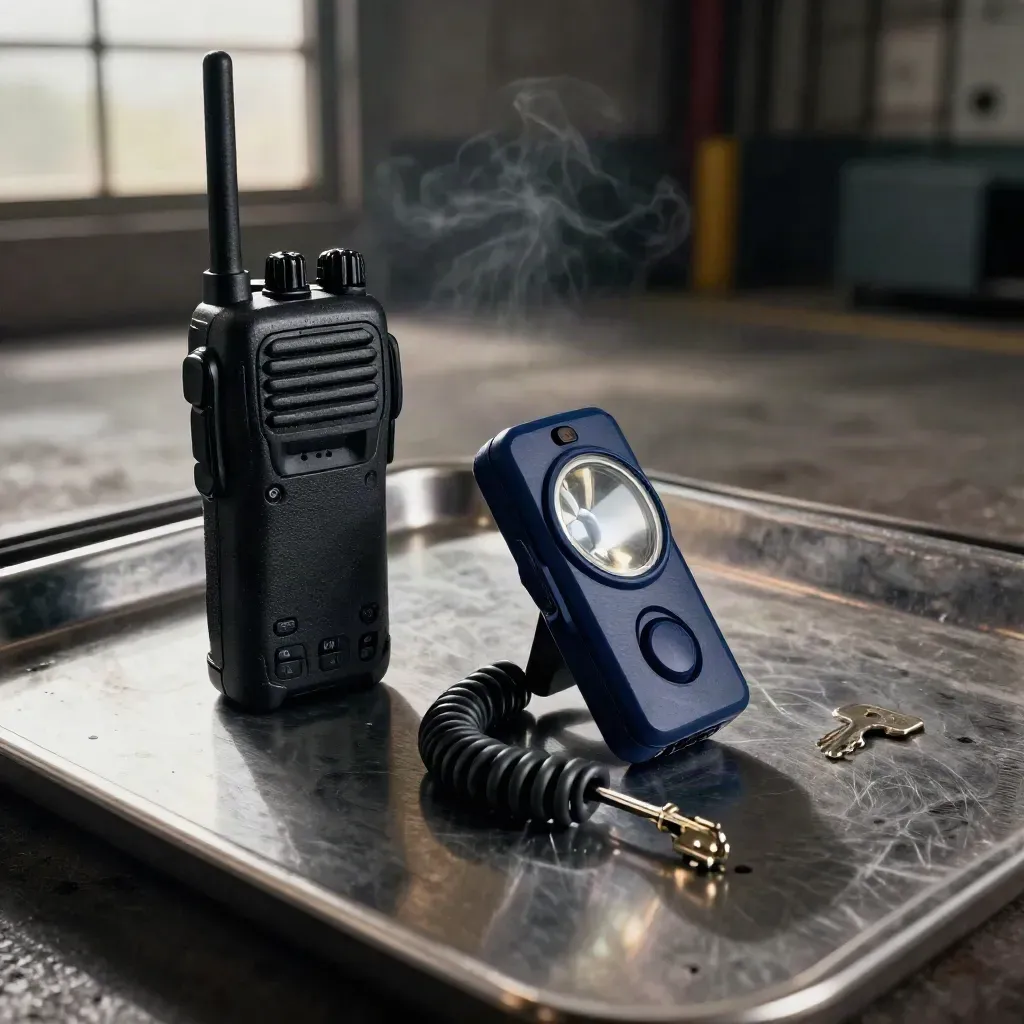 Two-way radio, navy alarm beacon and charging cradle on brushed steel with dramatic side light.