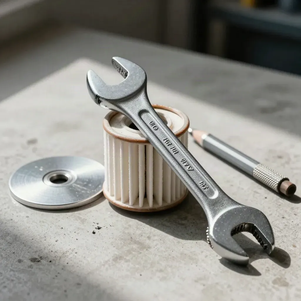 Torque wrench over oil filter with reminder disc and grease pencil on pale concrete