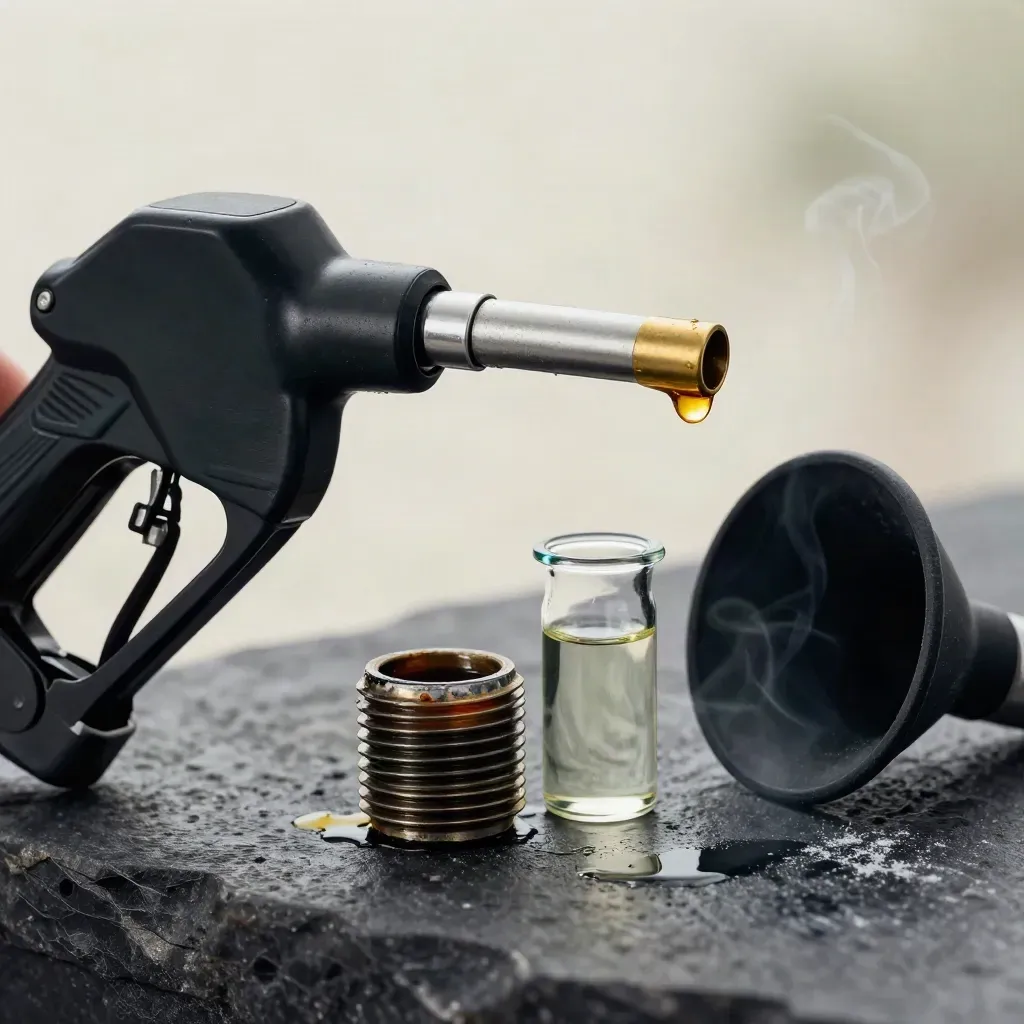 Macro of diesel nozzle, fuel cap, sample vial and funnel on dark stone with a fuel drop