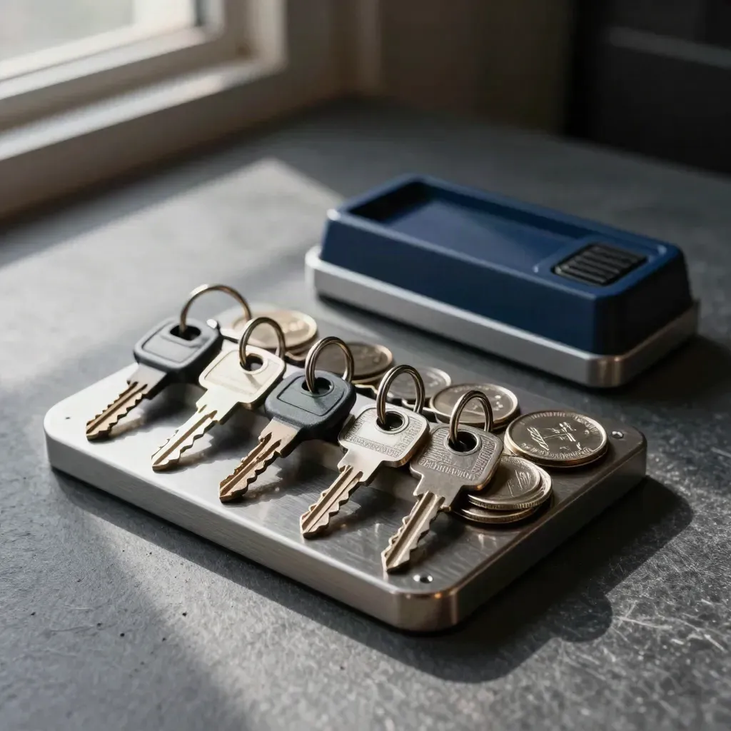 Vehicle key rack, job tokens, and dispatch radio dock on slate in dramatic studio light.