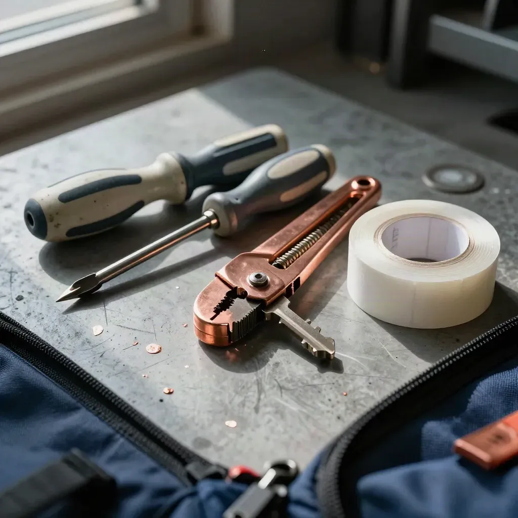 Tool bag foreground framing service tools, pipe cutter, filters and PTFE tape on concrete.