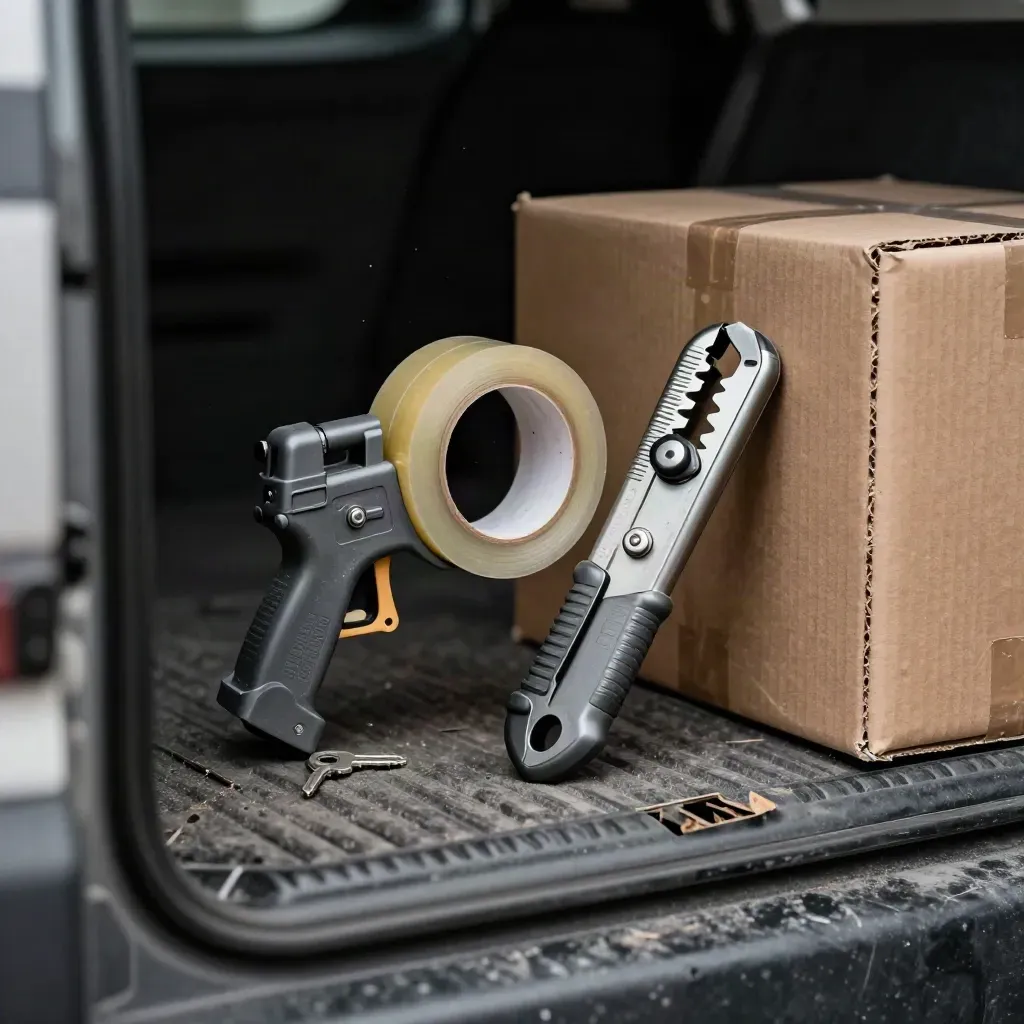 Tape gun and strap cutter beside a box corner, seen through a van door seal.