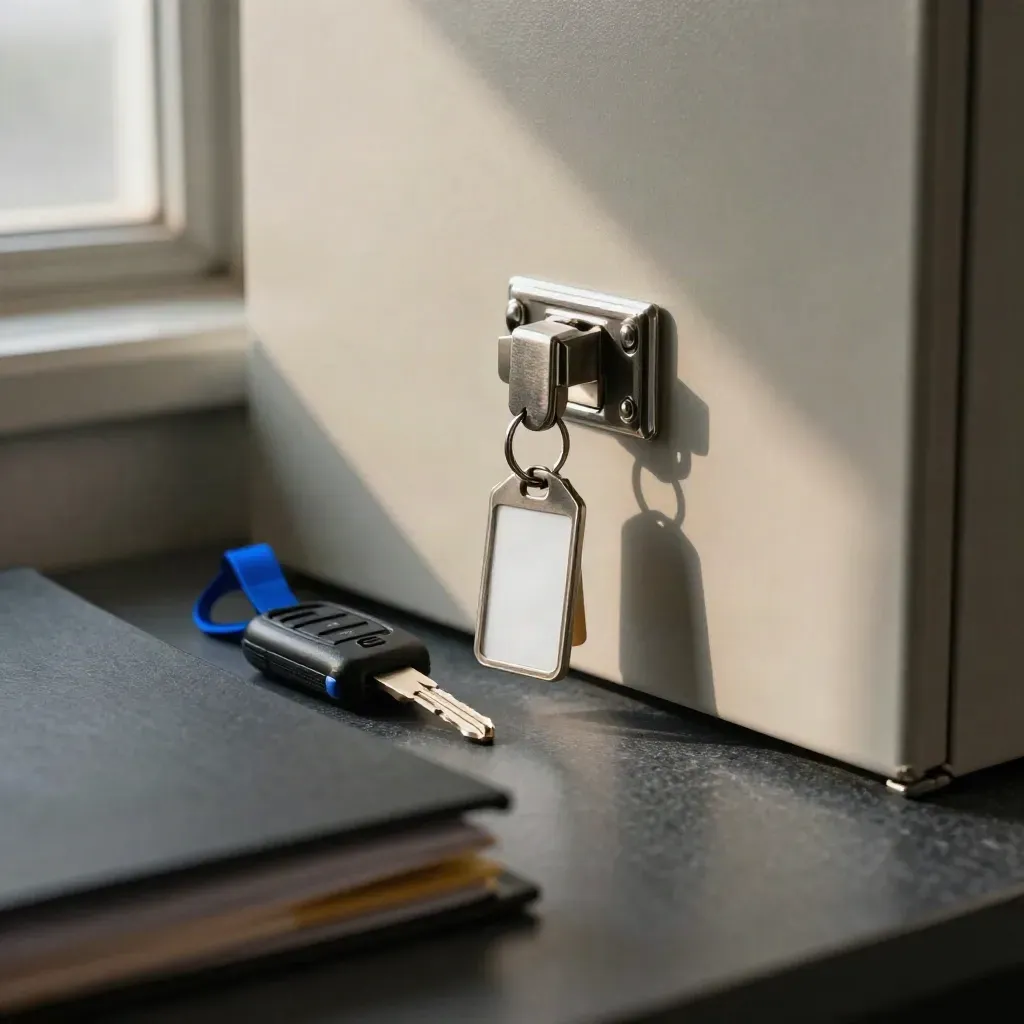 Fleet key fobs and cabinet latch behind blurred folders, with a subtle electric-blue accent.