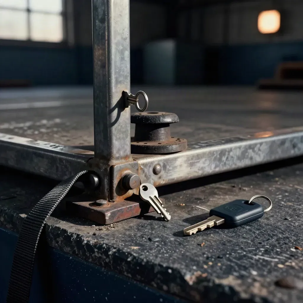 Dock plate, ratchet buckle and van key fob on stone with dark warehouse glow.