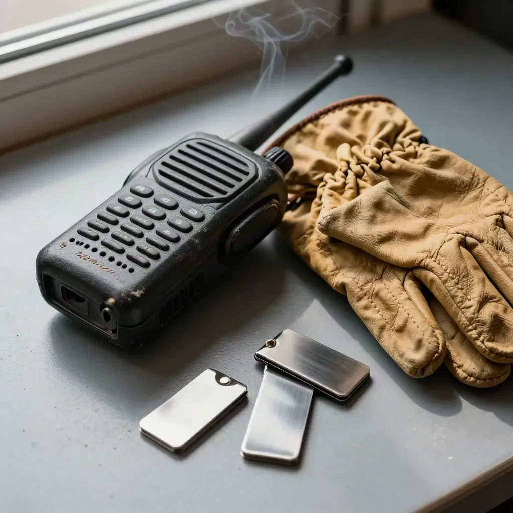 Top-down still life of a dispatch radio, folded glove and route clips on brushed metal