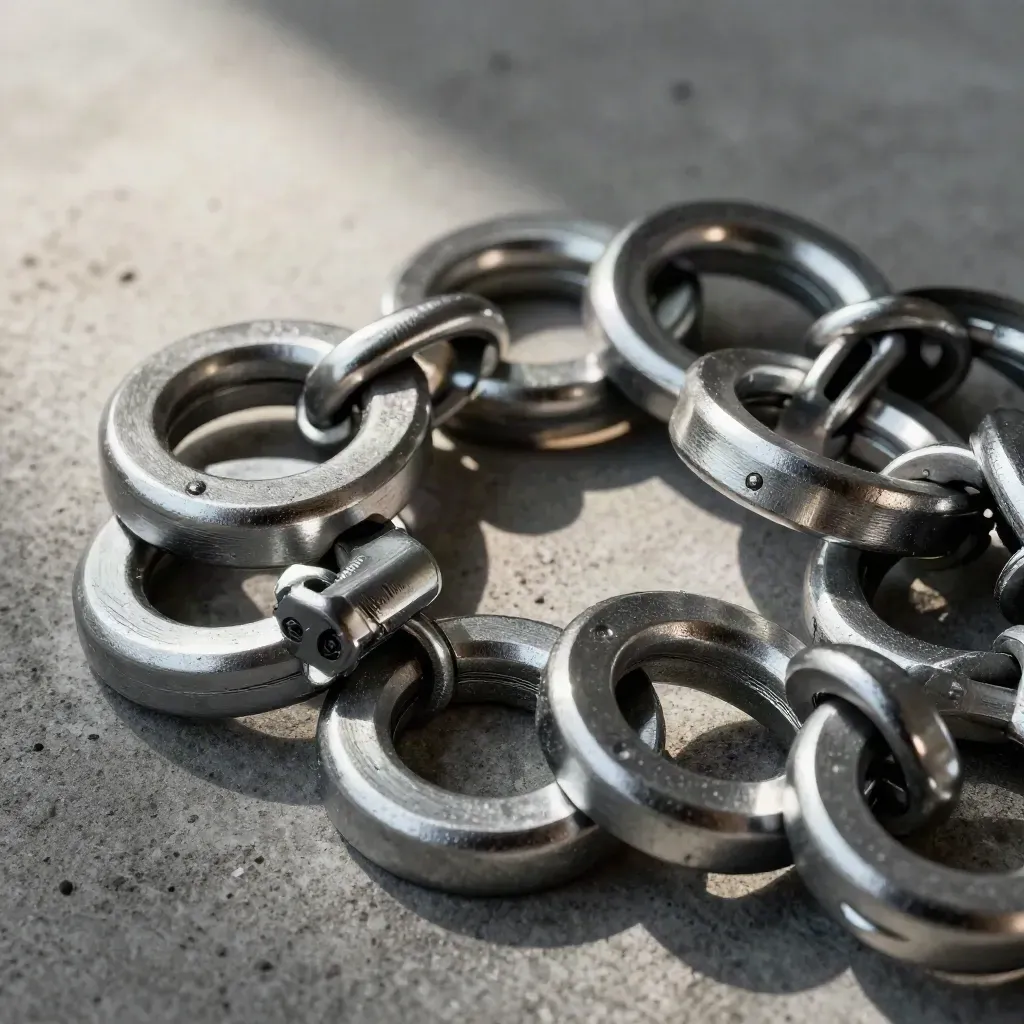 Macro of interlocking aluminium rings and connector pin on rough concrete