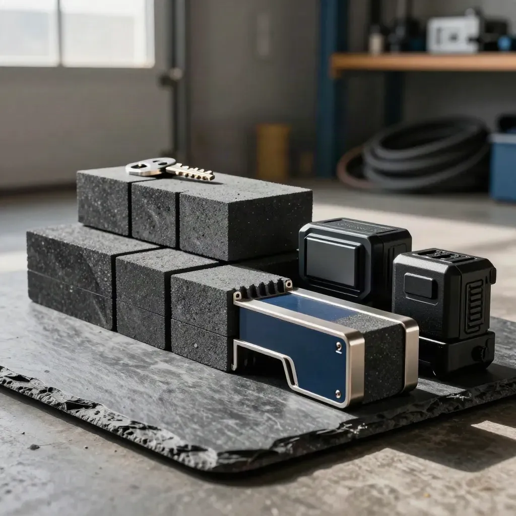 Graphite telematics blocks linked on slate in a dramatic fleet-integrations still life.
