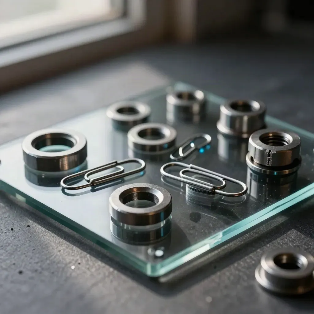 Steel clips and gasket rings arcing on smoked glass with blue reflections.