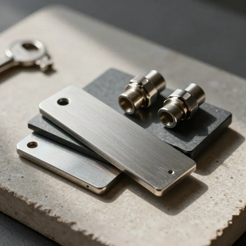 Brushed metal connector plates and a snapped coupling on pale stone, top-down macro.