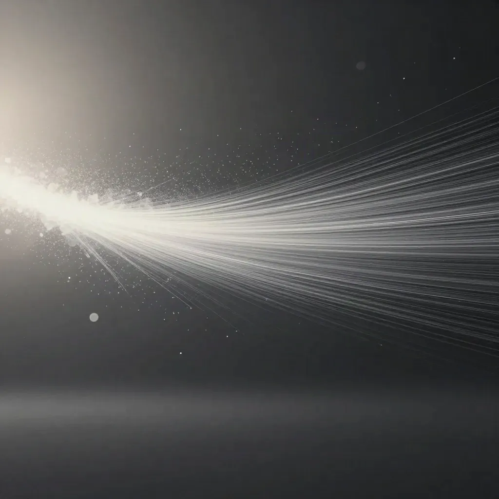 Abstract silver filaments bloom in graphite haze with drifting motes and open space for copy